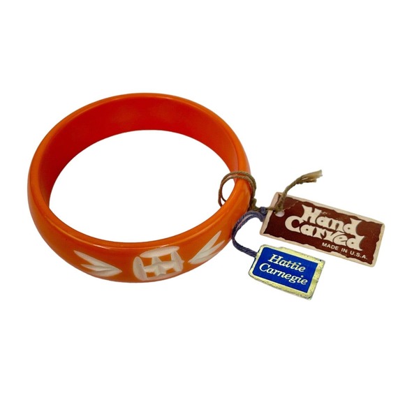 1970s Hand carved orange & olive Hattie Carnegie bangles  Hattie Carnegie Hand Carved Orange Bangle Bracelet Vintage 1970\'s with tags